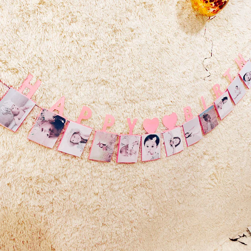 pink happy birthday 12 месяцы фоторамка баннер 1st Happy День рождения украшения во-первых для маленьких мальчиков и девочек мой 1 год поставки синего, розового и серебристого цвета - Цвет: pink happy birthday