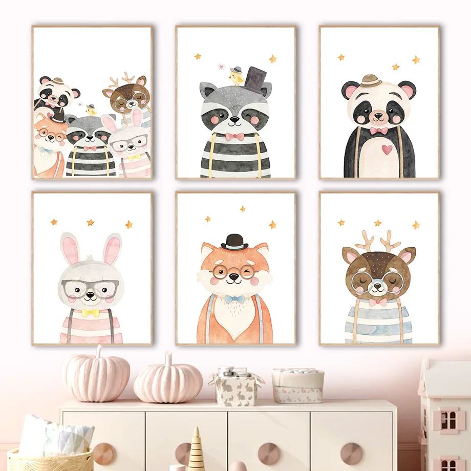 

Kawaii Bear Rabbit Raccoon Fox Panda Bird Baby Wall Art Canvas Painting Nordic Posters And Prints Wall Pictures Kids Room Decor