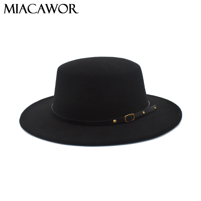 Классическая однотонная фетровая шляпа MIACAWOR Женская шерстяная котелок с плоским