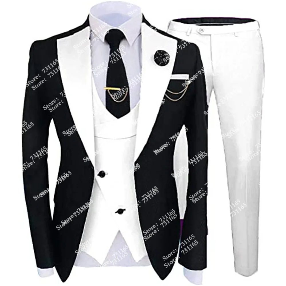 

Spring Formal Groomsman Men Suits Custom Made White Notch Lapel Black Jacket+Vest+Pants Slim Fit Blazers Wedding Tuxedos 3 Pcs