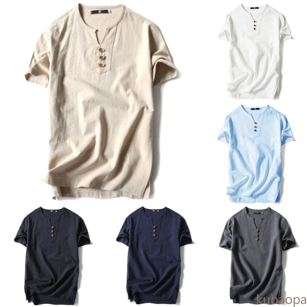 

Free Shipping Men Three-button V-neck T-Shirt Bottoming Baggy Comfy Korean Plain Fitting Loose KU