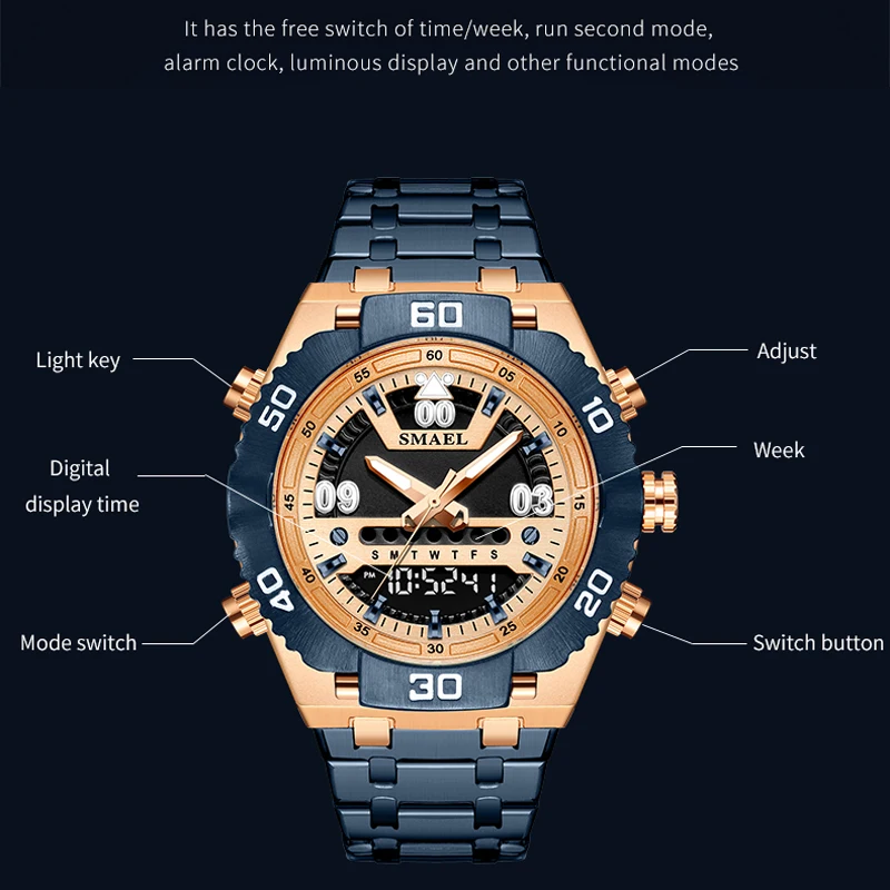 

SMAEL Men Watch Stainless Steel Top Luxury Brand Multifunction Quartz Digital Watches Luminious Hand New Fashion Casual Clock