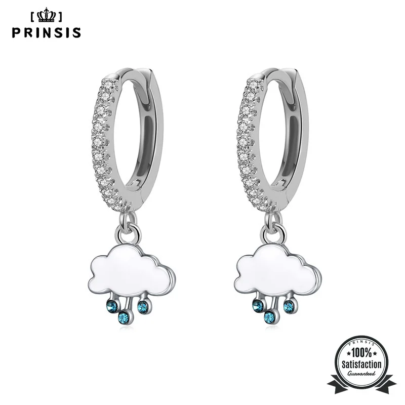 Женские модные серьги PrinSis, милые серьги-кольца с белыми облаками, дождем и фианитами, подарок на день рождения для девочек, корейские украшения DJ300