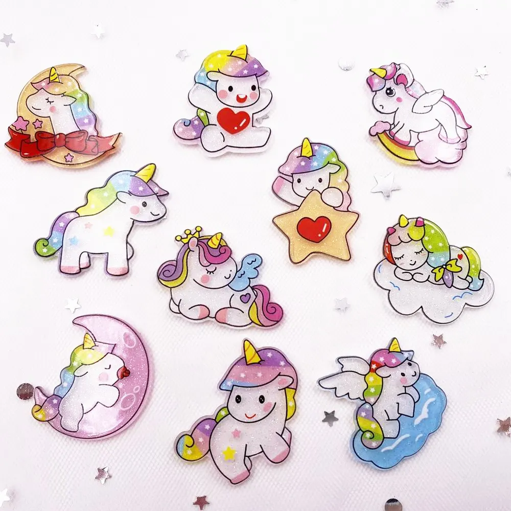 

50pcs Mix Colorful Unicorn Flatback Plastic Sheet Miniature Pattern Home Decor Craft Making Children's Clip Accessories OF998
