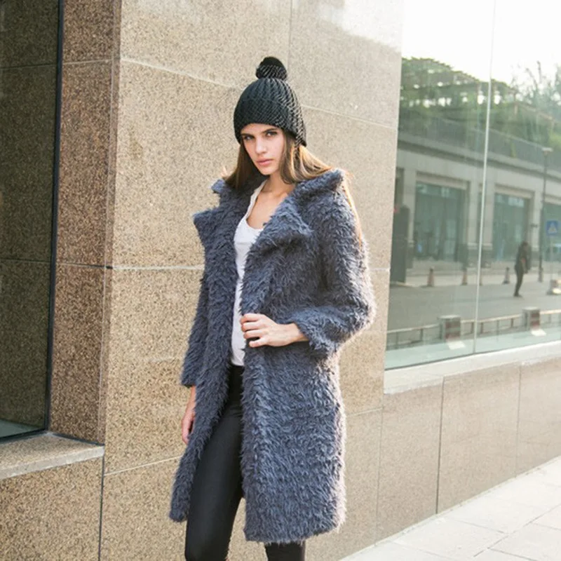 Winter Luxury Faux-fur Women's Coat Jacket Lapel Solid Color Long Female Cardigan Fluffy European Style Outerwear Dropshipping