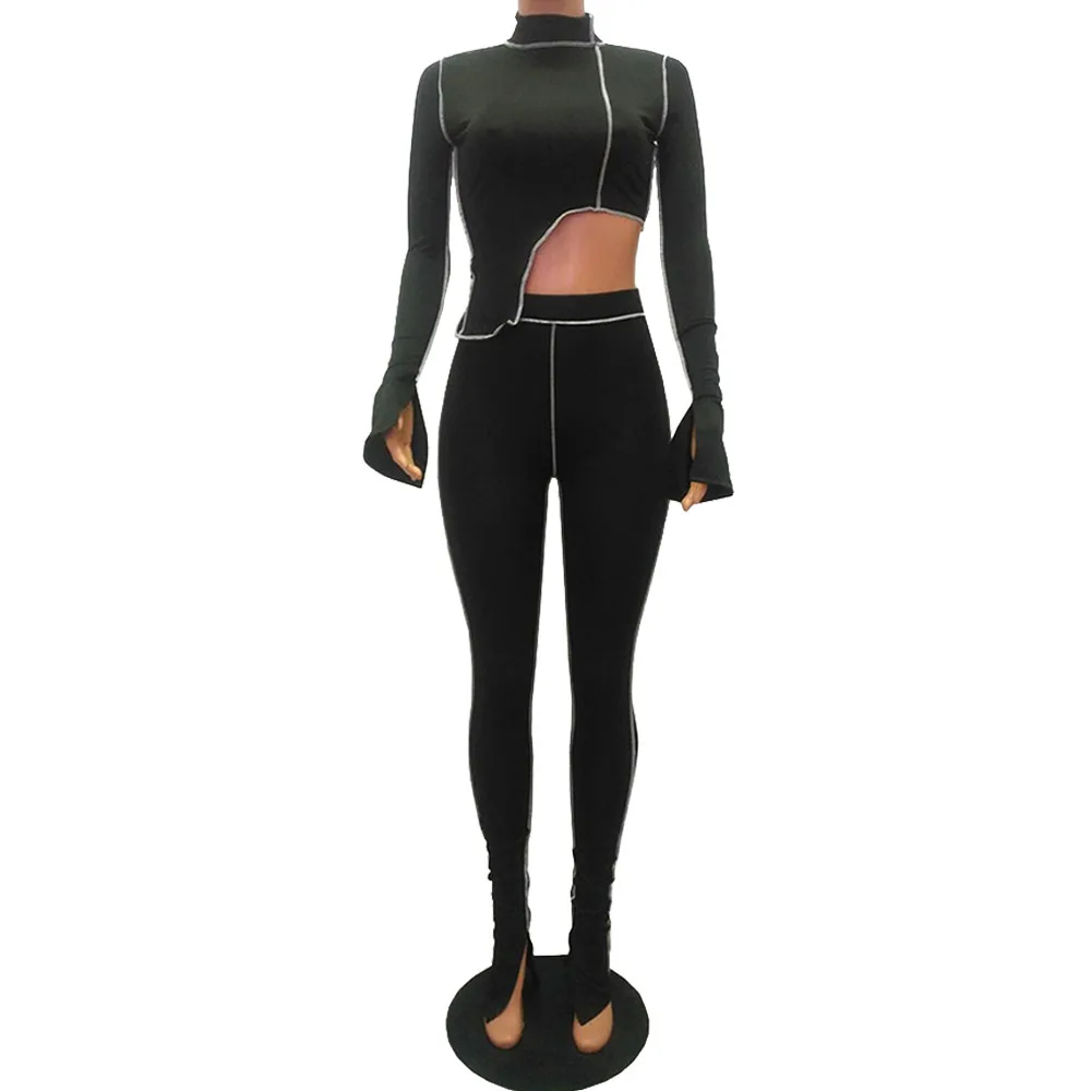 

Women 2 Piece Outfits Korean Clothes Full Sleeve Asymmetry Top+sporty Leggings Matching Set Striped Skinny Streetwear Tracksuits