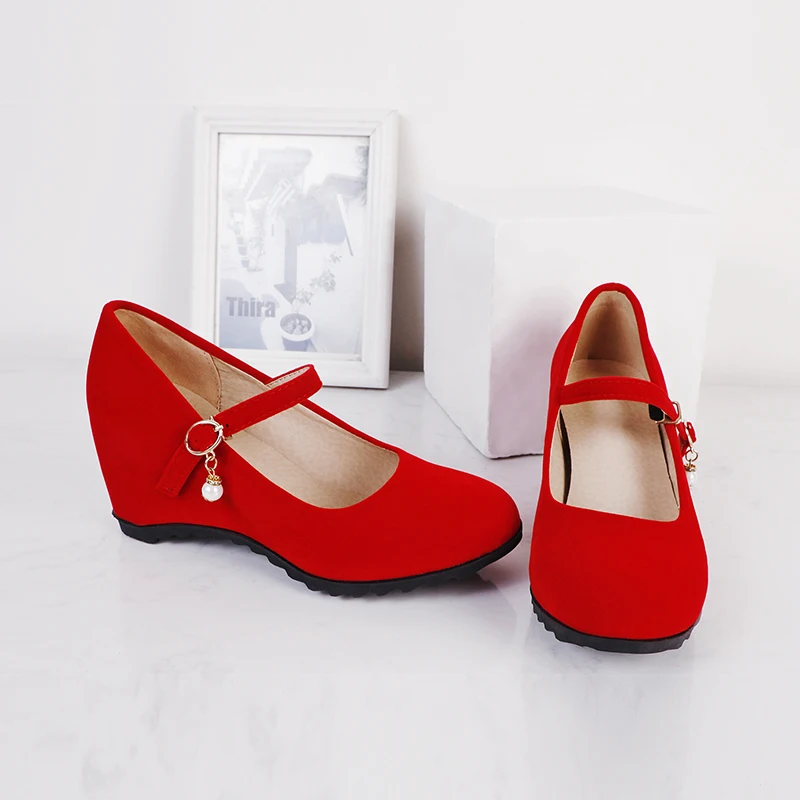 

New Wedge Heel Shallow Shoes Pearl Metal Buckle Flock Comfortable High Heels One Word Buckle Red Office Frosted Shoes