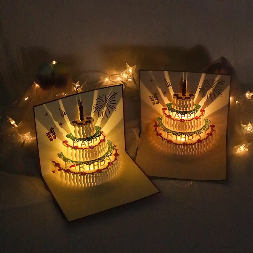 

Music Light Happy Birthday Postcard 3D Birthday Cake Pop-Up Greeting Gift Cards Vintage Invitations For Girl Kids Wife Husband