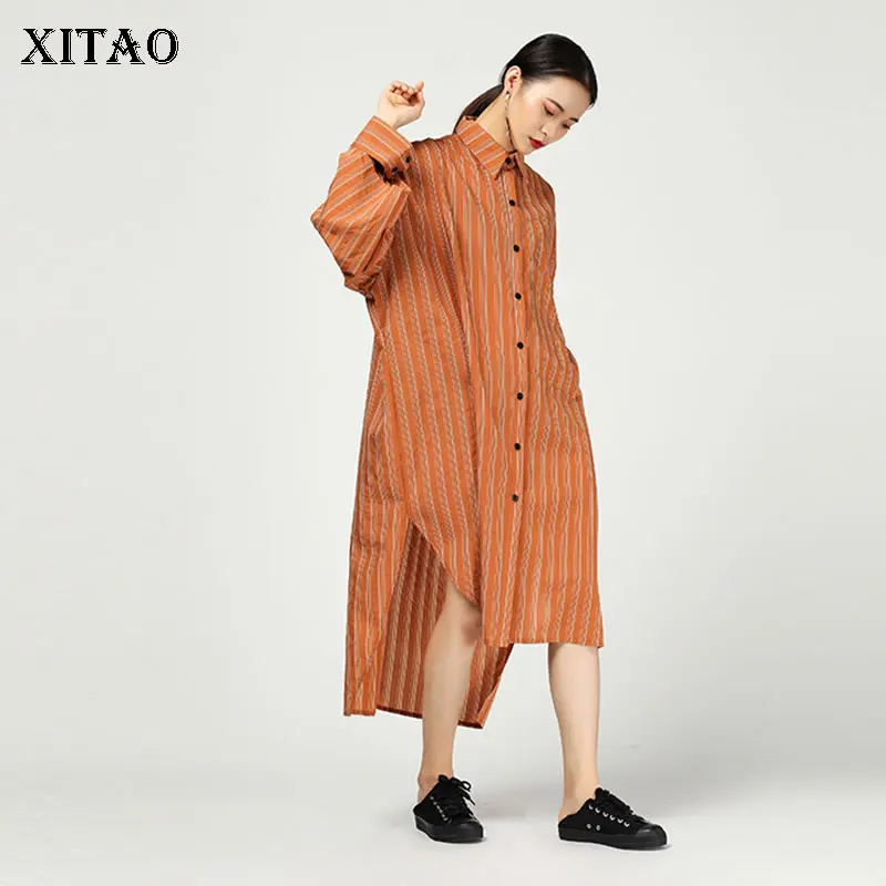 Платье XITAO женское с отложным воротником длинным рукавом и пуговицами в полоску
