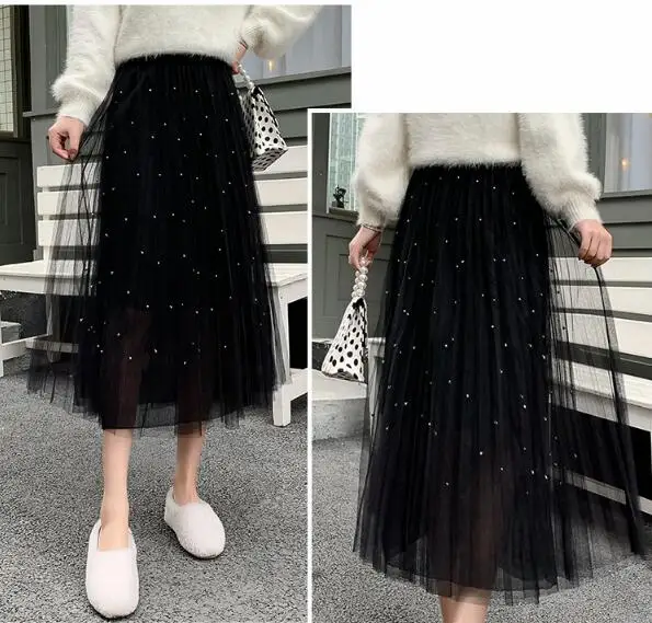 Женская фатиновая юбка с высокой талией летняя плиссированная черного и