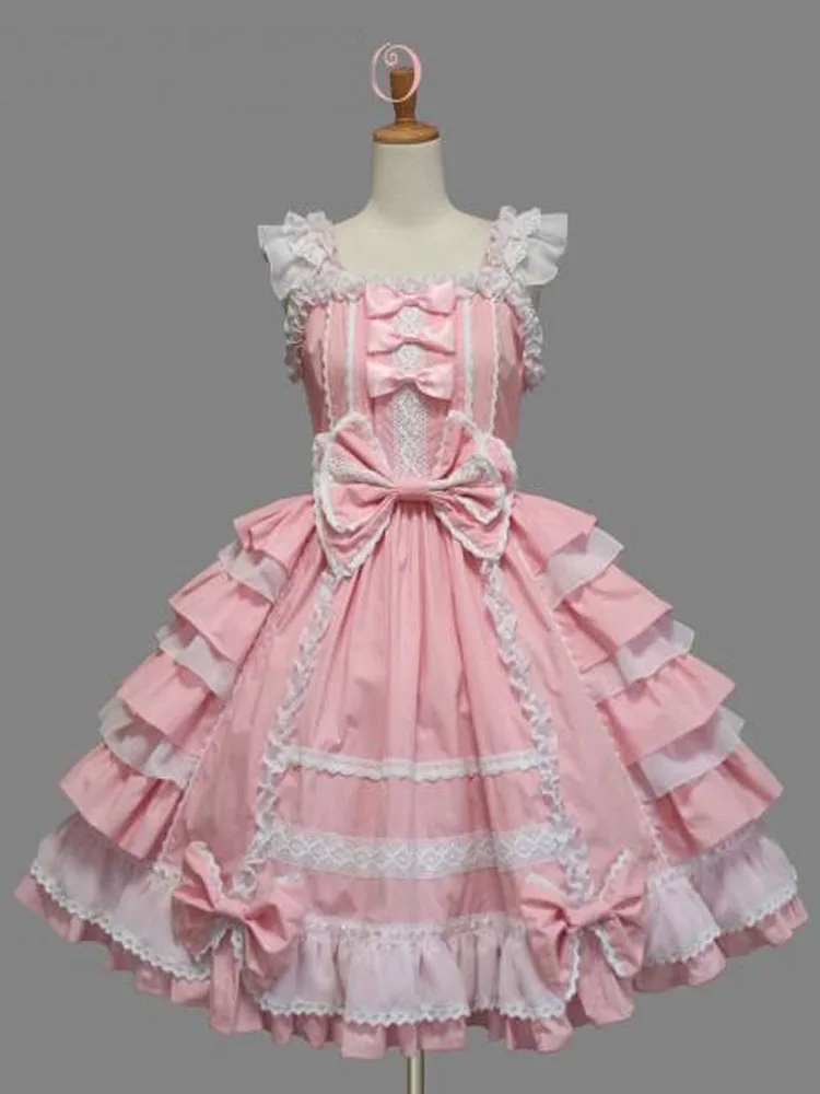 

Classic Lolita Dress Women Layered Ruffles Cotton Lloita JSK Dress Lace Up Back Cute DressWith Bow
