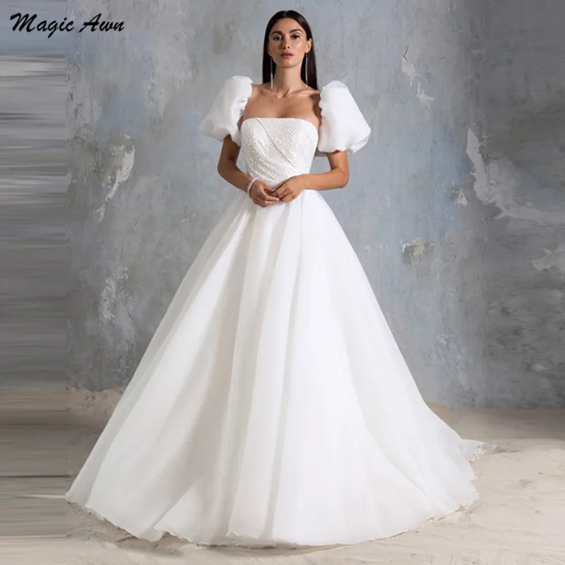 

Женские свадебные платья из органзы Magic Awn, 2022, блестящие трапециевидные платья со шнуровкой сзади, с коротким пышным рукавом