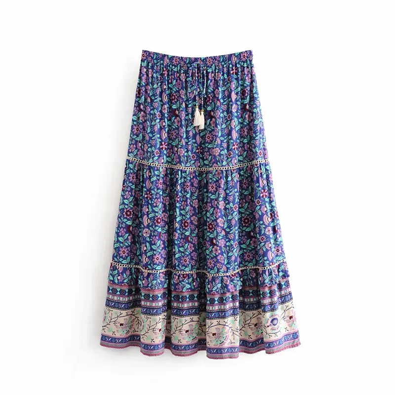 Boho chic хиппи Женская пляжная Цветочная юбка с кисточками богемная юбка с высокой эластичной талией А-силуэт Макси Юбка Femme