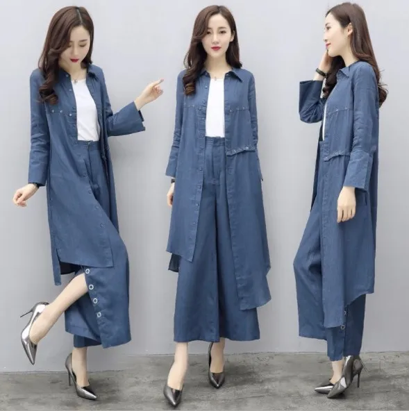 Женский джинсовый костюм двойка асимметричный Длинный топ блузка и брюки с