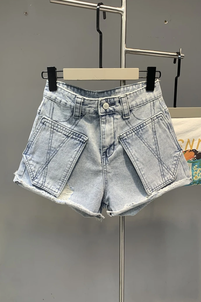 

Line Personalized Large Pocket Design Denim Shorts European Goods 2021 Summer New Women's Ripped A- line Wide-Leg Hot Pants