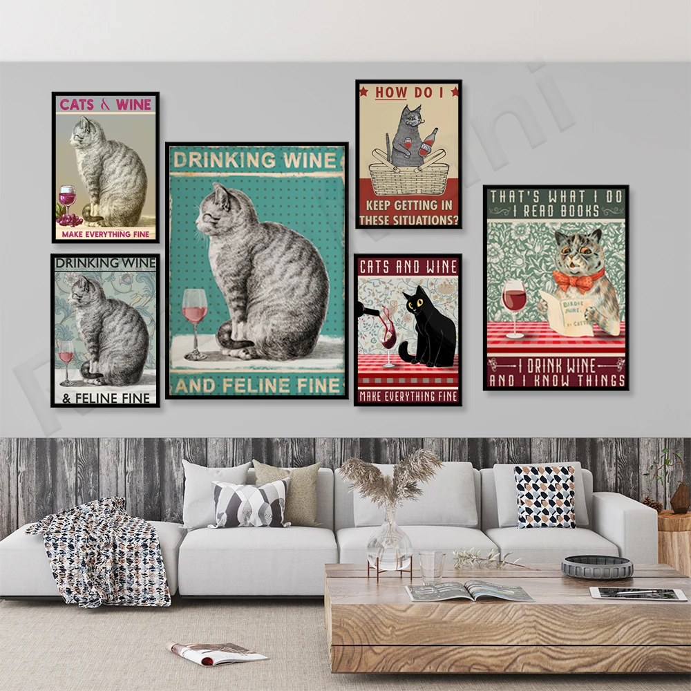 

Cat wine funny poster, retro poster, cat drinking wine is very good! Animal prints, wall art decoration cat gifts