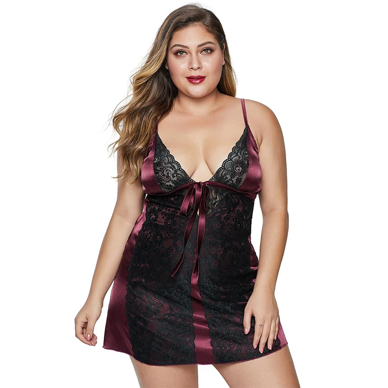 

CyiExi Red Floral Lace Sexy Women Plus Size Lingerie Set Sleeveless Babydoll Dress + Thong 2 Pieces Nightgown Female Sleepwear
