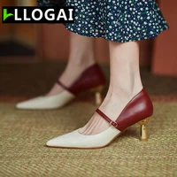 llogai genuine leather mary janes shoes new buckle strap springautumn pointed toe shallow pumps fashion high heel handmade 2021