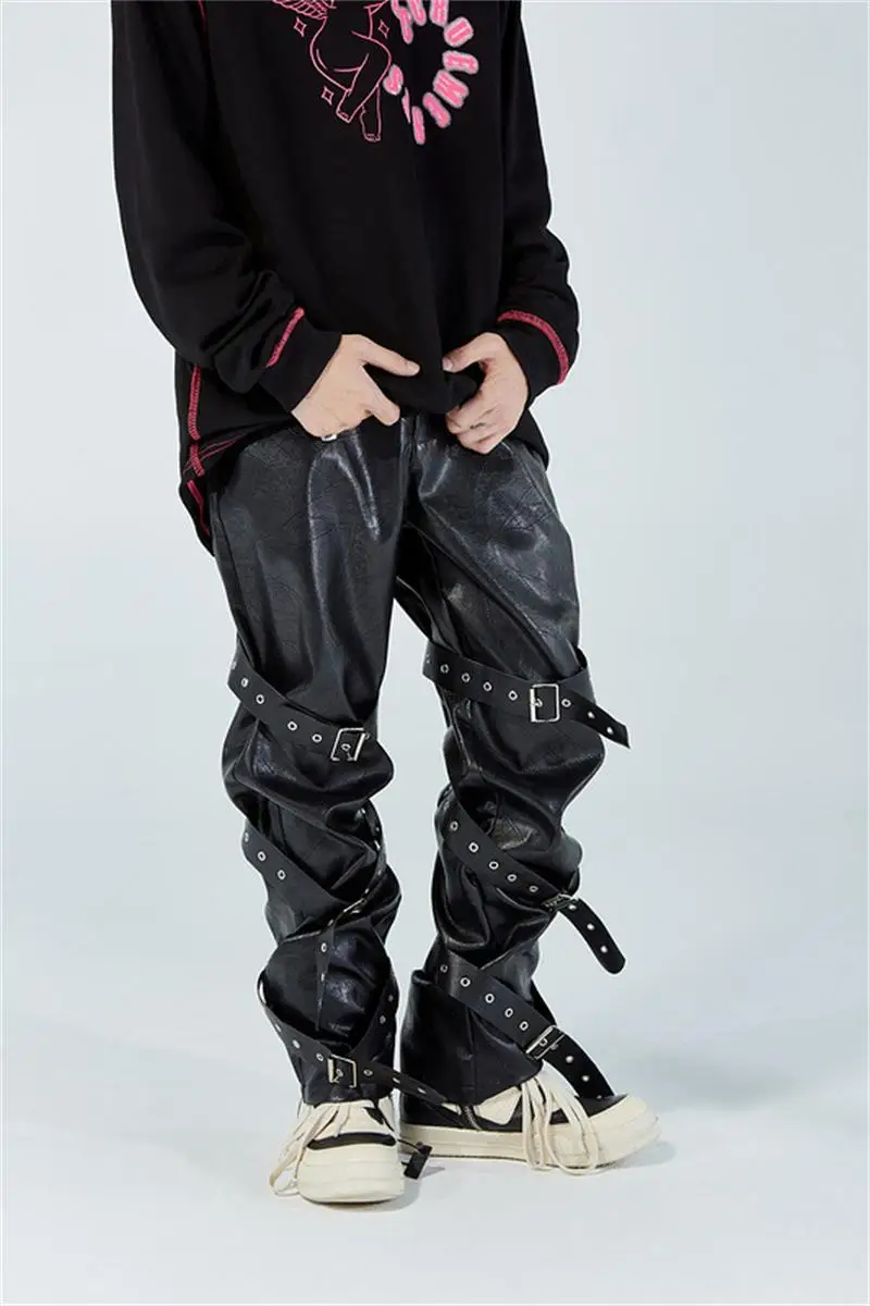 

High street bandage black stitching pu leather wide-leg pants men's trendy brand fried street hip-hop couple straight trousers