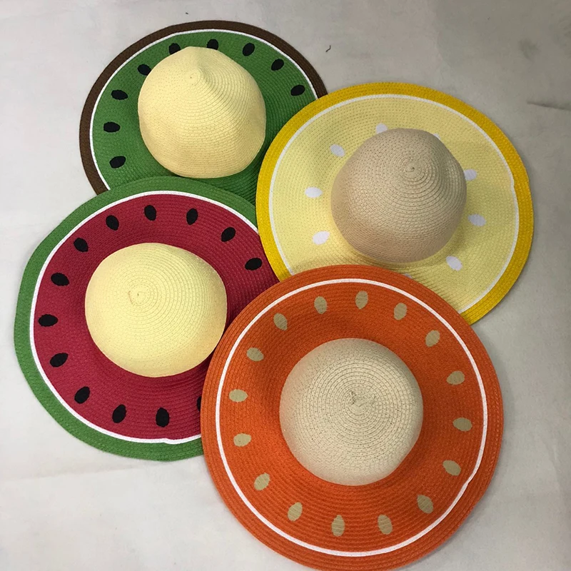 

Adult Child Summer Straw Sun Visor Hat Color Block Watermelon Shape Family Round Top UV Protection Wide Brim Beach Bucket Cap