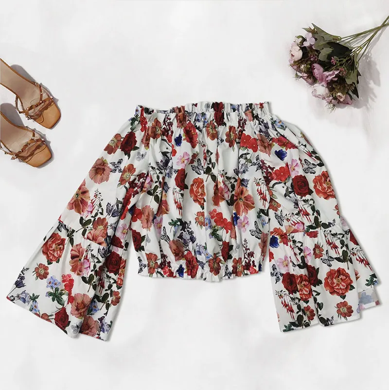 

Off Shoulder Women Chiffon Blouse 3/4 Flared Sleeve Sweet Floral Print Women's Loose Blouses Ladies 2021 Summer Boho Top Clothes
