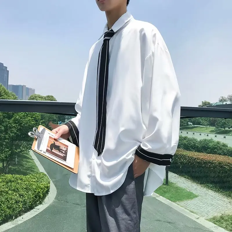 Dress Shirt Men's Fashion Social Men Shirt Gray Black White Tie Shirt Man Streetwear Loose Long-sleeved Shirts Mens M-3XL