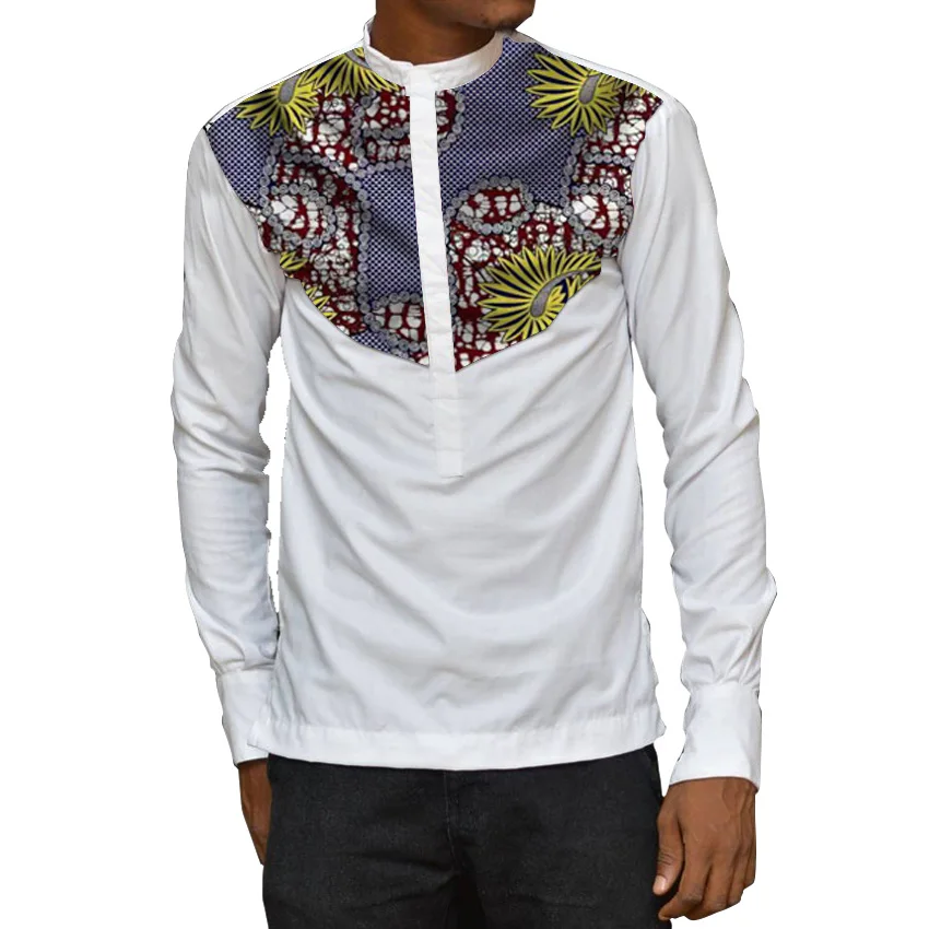 

African fashion men's dress shirt stand collar tops patchwork long sleeve white dashiki shirts custom made Ankara groom wear