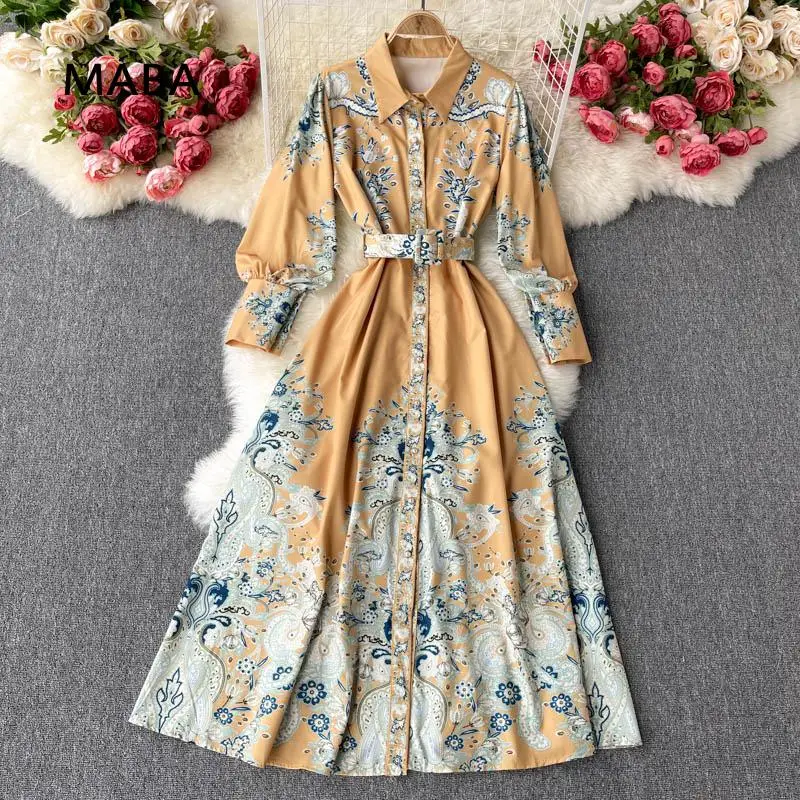 

vintage long sleeve long dress women turn down collar puff sleeve lace up Print Shirt Dress Fashion yellow dress vestidos autumn