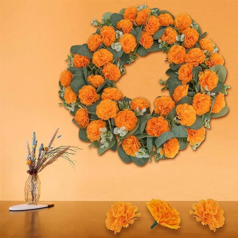 

30 шт., искусственные цветы календулы, набор для украшения из шелковой ткани, оранжевые цветы гвоздики, украшения для индийского фестиваля