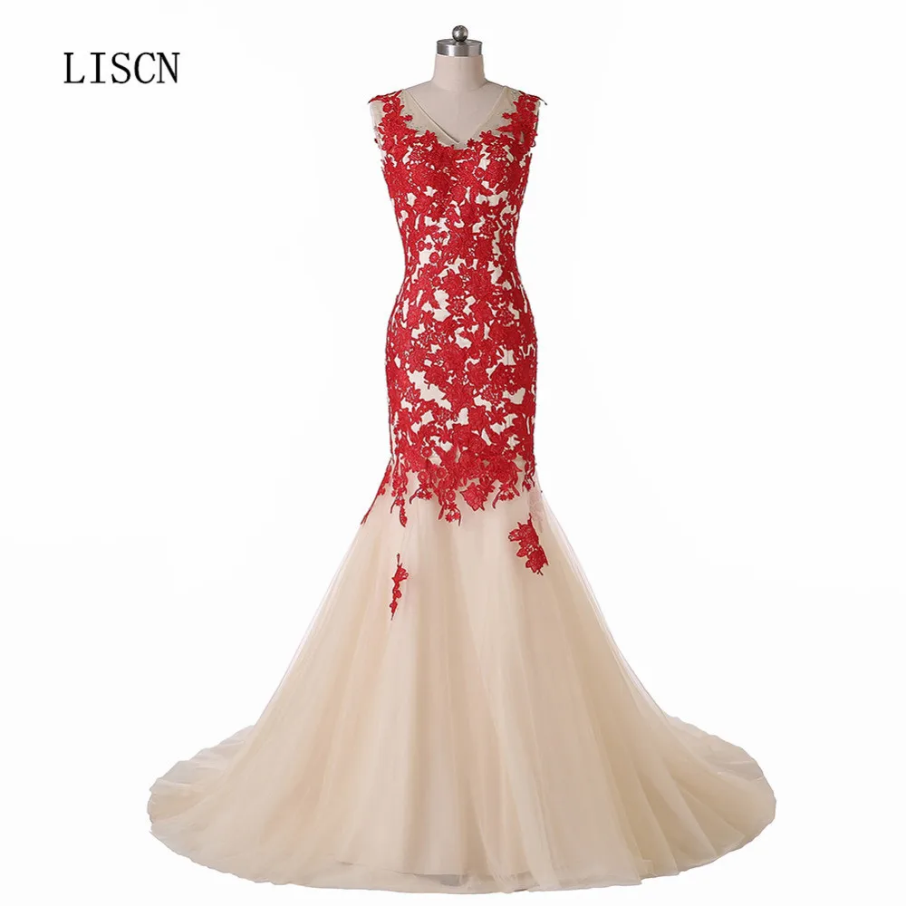 

Mermaid Evening Dresses V Neck Red and Champagne Backless Real Pictures 3D Lace Backless Formal Party Gowns Appliques Vestido