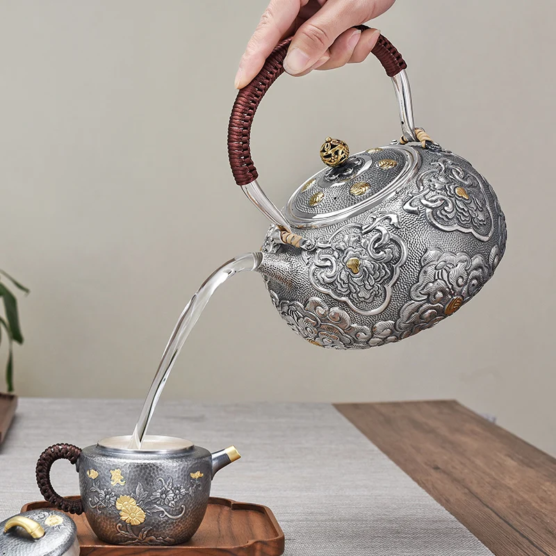 Чайный набор ручной работы из серебра 999 пробы |