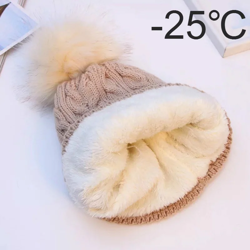 

Women Winter Bonnet Soft Thick Fleece Lined Dual Layer Faux Fur Pom Knitted Skullies Beanies Hats Fashion Outdoor Sports Cap