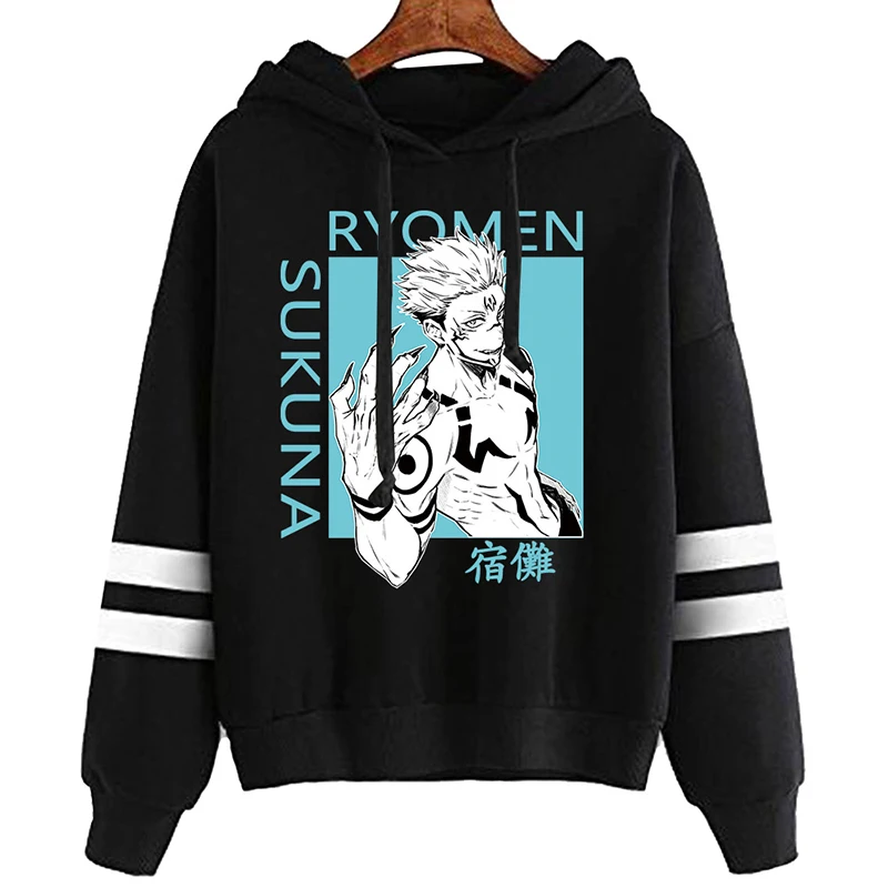 

Hot Japanese Anime Jujutsu Kaisen Hoodies Men Kawaii Winter Warm Cartoon Graphic Print Streetwear Stripe Tops Sweatshirts Male