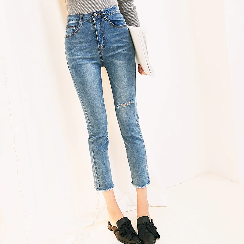 

TongSiHai Jeans for Women Ladies Summer Fashion High Waist Ripped Denim Pants Teens Girls Calf-length Slim Fit Jean Streetwear