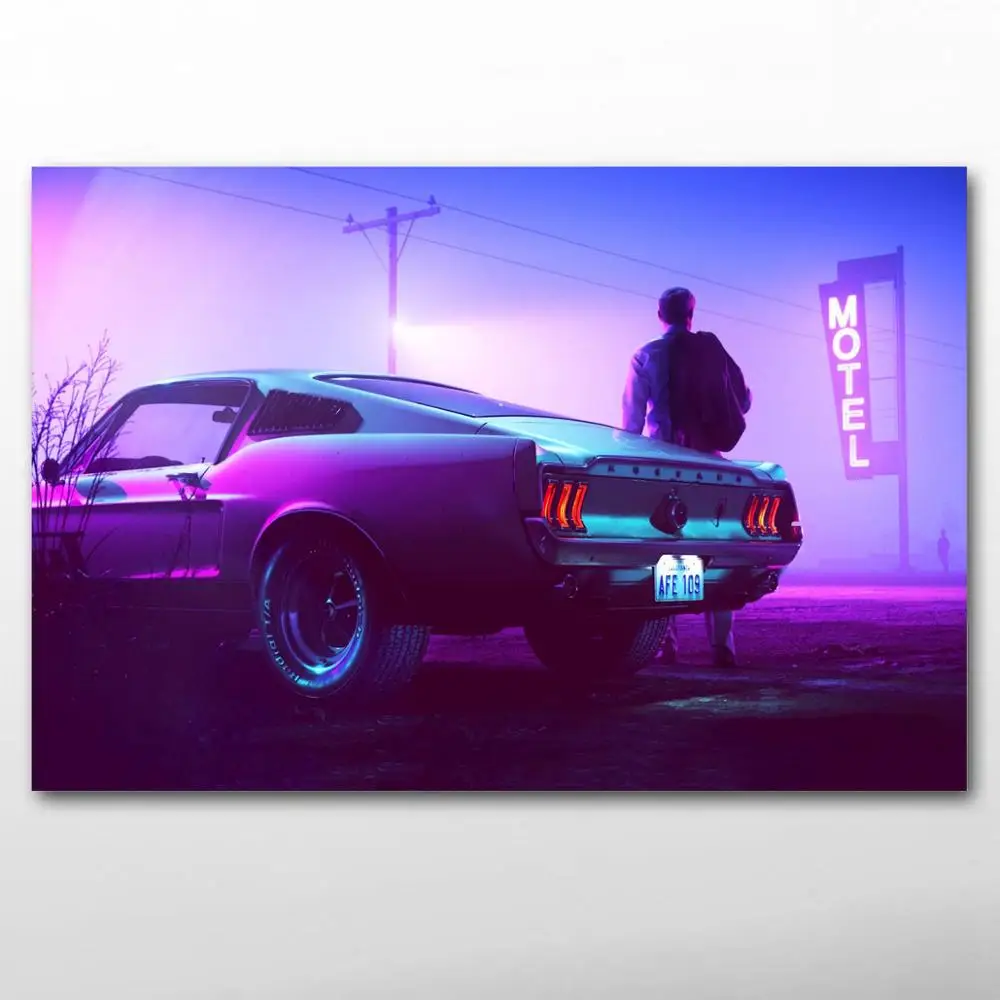 Retrowave Ford Mustang мускул автомобиль винтажный автомобиль фиолетовый стены искусства плакаты принты без рамок живопись для декора гостиной