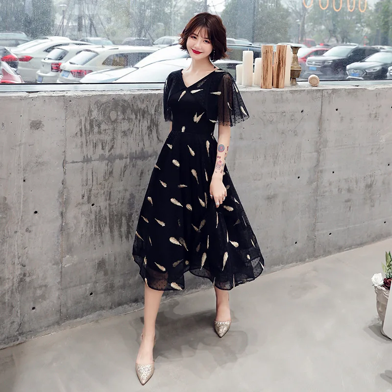 

Lady Sexy Black Mesh Dresses Deep V-Neck Sweet Flare Sleeve Loose Skirt Birthday Party Prom Gown Slim Embroidery Feather Dress