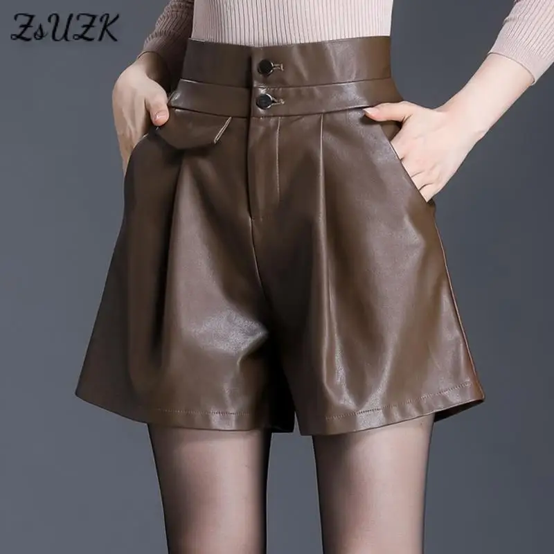 

Женские шорты из искусственной кожи с широкими штанинами, Осень-зима 2021, подходящие ко всему шорты, женские повседневные шорты с высокой талией для дам