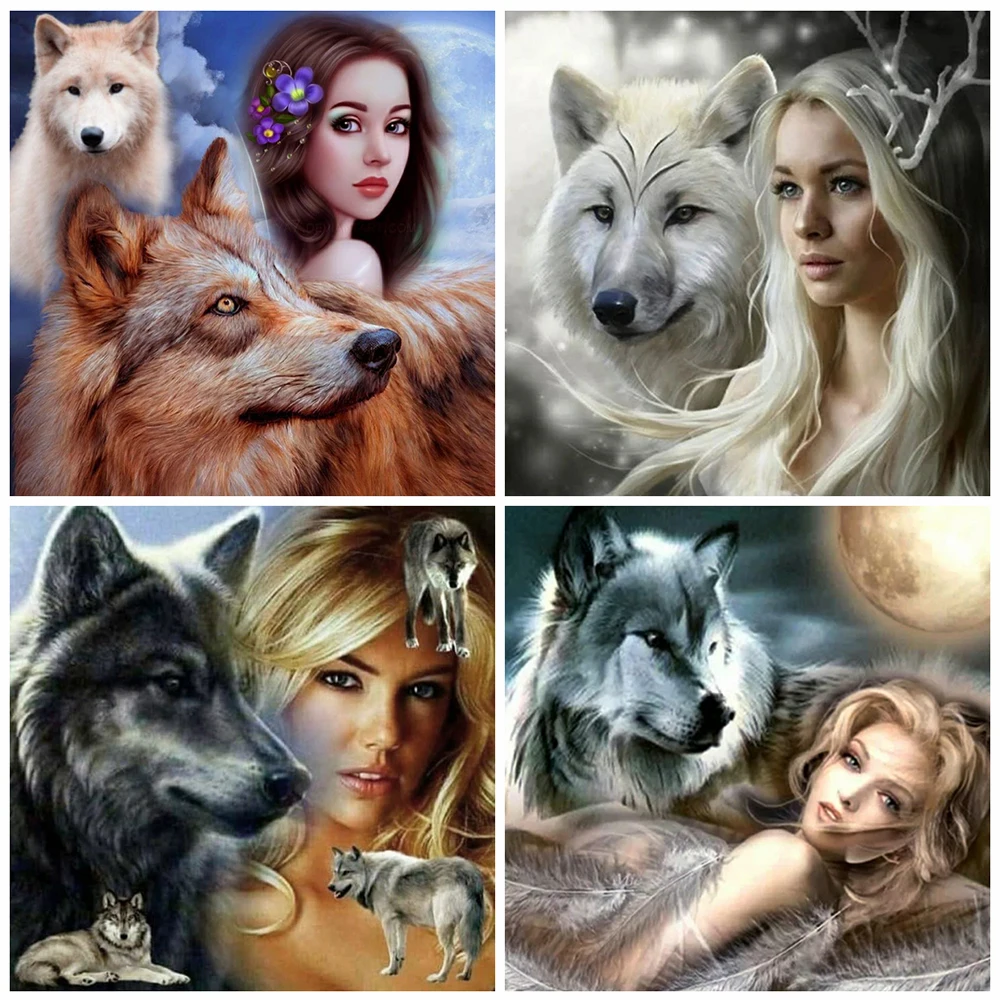 

EverShine Diamond Mosaic Wolf Cross Stitch Diamond Embroidery Woman Rhinestones Full Square Painting Animal Wall Art