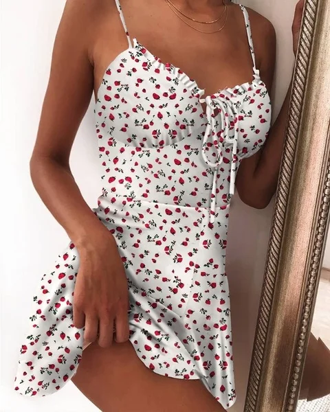 

2020 Women Fruit Printed Sweet Sling Dress Ladies Summer Fashion Sleeveless Sexy V-neck Lace-up Dress Party Shopping Daily Wear