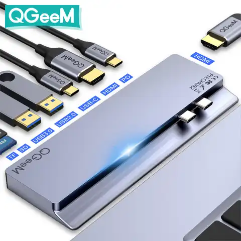 QGeeM USB C Hub Dock для Macbook Pro SD TF Micro SD Card Readers Dual HDMI PD Multi 3.0 USB Hub Type C Адаптер для зарядного устройства Splitter Type-C Hub для ноутбуков Планшеты iPad Pro Компьюте...