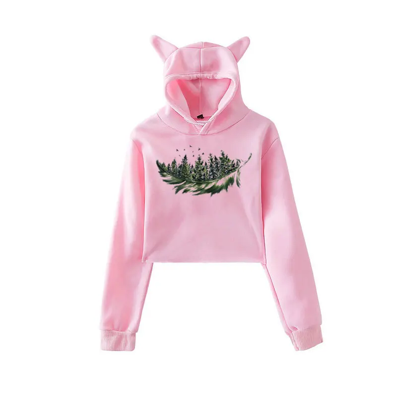 

2021 Factory Direct Sale Of High Quality Women'S Navel Exposed Cat Ears Hoodie Print Tops, Fall/Winter Fashion Sports Coat