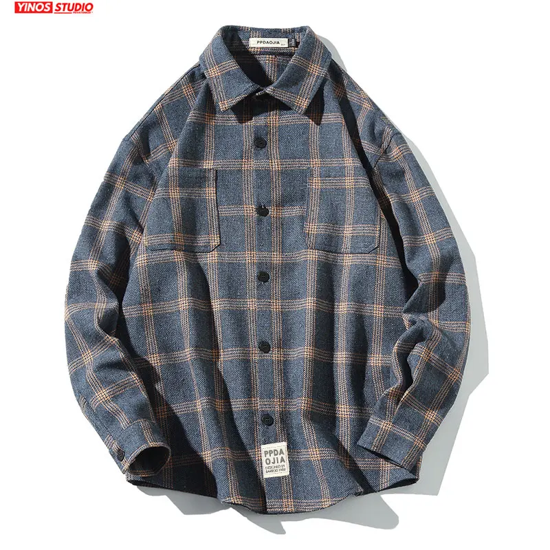 Дропшиппинг японский стиль Мужские плотные рубашки с длинным рукавом в клетку 2020