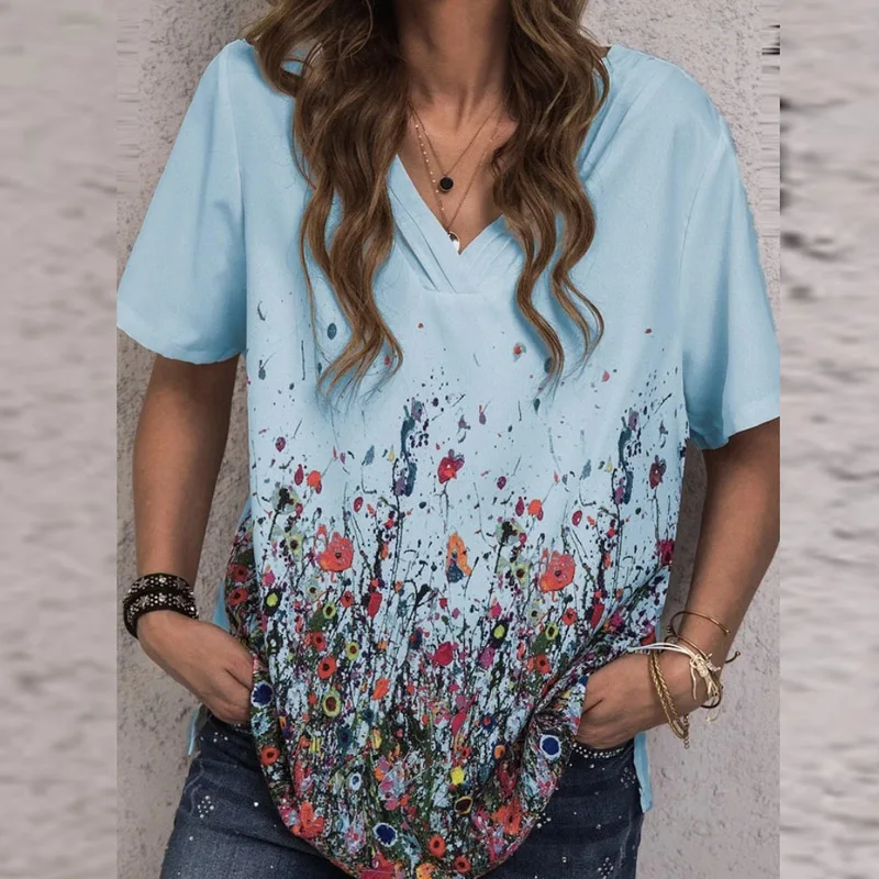 

2021 Spring Summer V-Neck Lady Shirts Blouse Casual Floral Print Loose Tops Pullover Fashion Women Short Sleeve Blusa Streetwear
