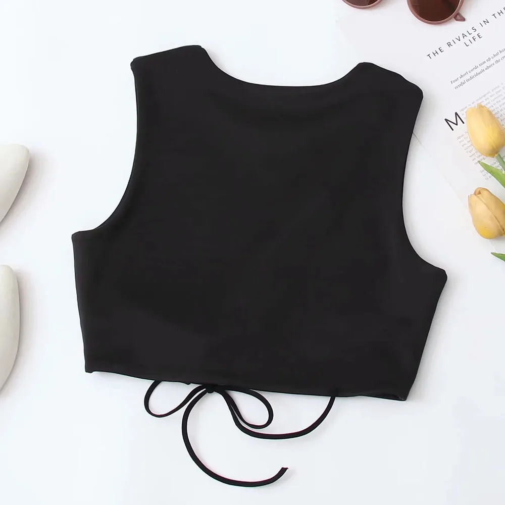 

2021 Summer Women Black Shirring Sexy Hollow Out Streetwear Tank Top Female O-neck Club short Tops Ladies Fashion Top