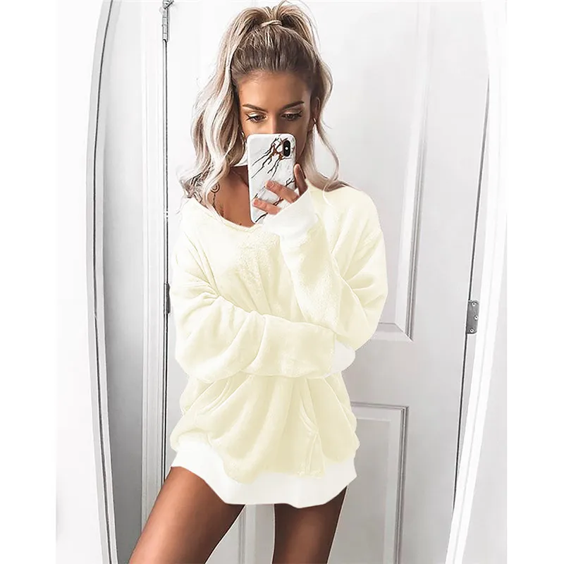 

Autumn Winter Sweatshirt Female Coat Causal Soft Hooded Pocket Fur Plush Warm Outwear Plus Size Faux Fur Fluffy Women Hoodies