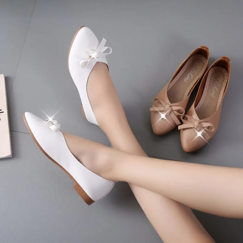 Женские Кожаные Модные Повседневные балетки на плоской платформе с бантиком