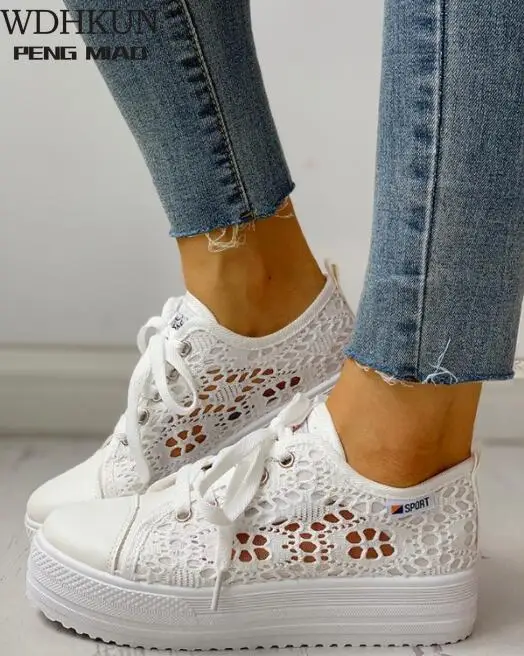 

Women Shoes 2020 Fashion Summer Casual White Shoes Cutouts Lace Canvas Hollow Breathable Platform Flat Shoes Woman Sneakers