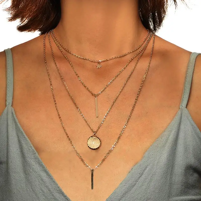 

1PC Vintage Multilayer Crystal Pendant Necklace Women Gold Color Beads Moon Star Horn Crescent Choker Necklaces Jewelry New