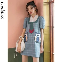 summer new design owl embroidery dress elegant vintage clothing korean preppy style plaid splicing robe femme puff short sleeve