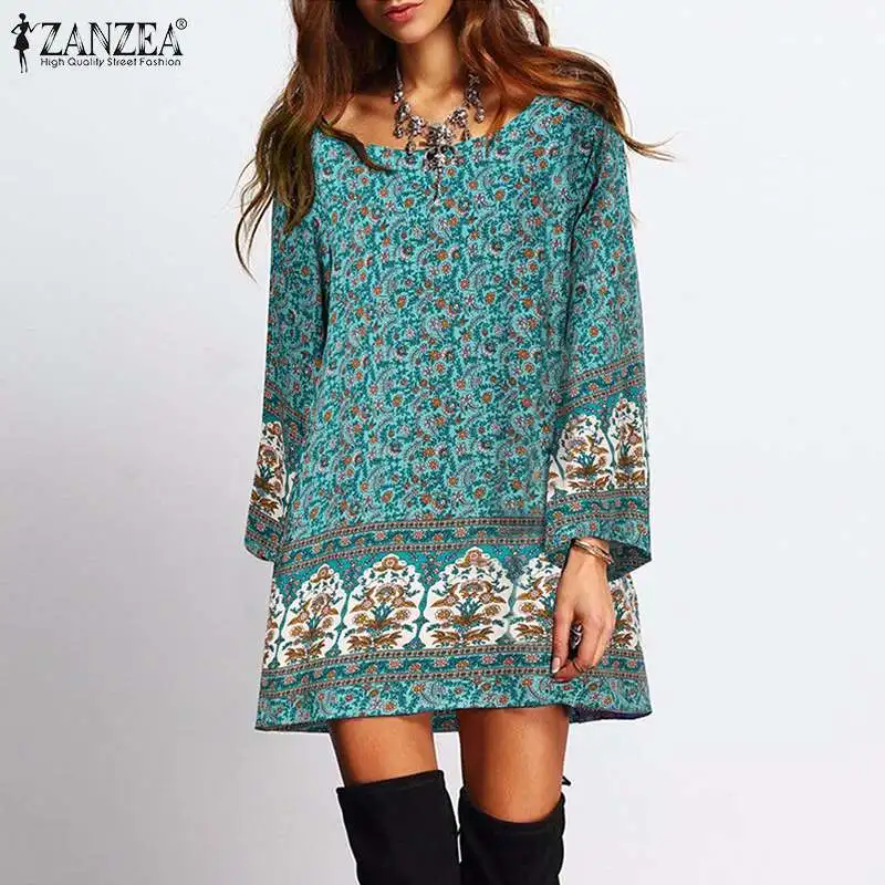 

Party Beach Dresses Summer Floral Printed Long Dress ZANZEA Vintage Women Loose Shirt Vestido Bohemian Party Mini Sundress Robe